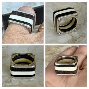 925 Sterling Silver Vintage Wood & Ivory Modernist Ring Size 6